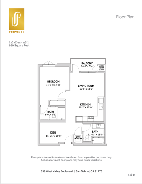 Floor plan for 1 bed, 1 bath, 950 sqft